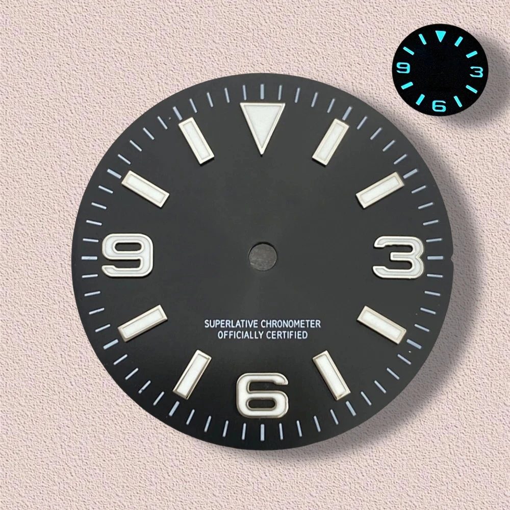 28.5mm S Logo Ex plorer Sunburst Dial Fit NH35/NH36/4R/7S Movement Ice Blue Luminous high-Quality Watch Modification Accessories