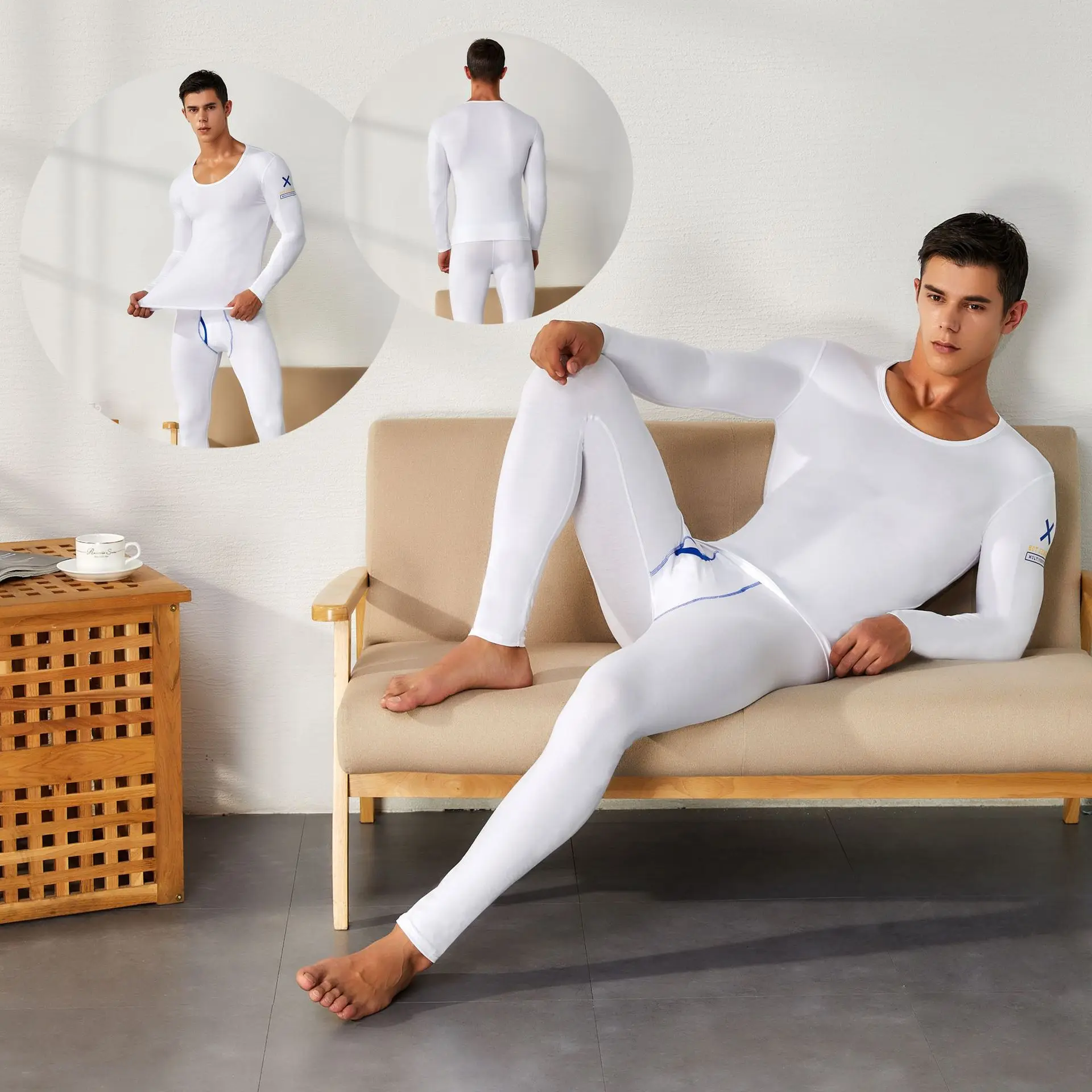 

Men's Cotton Thermal Underwear Set Bottoming Cotton Trendy Youth Thin Men's Long Johns White Round Neck Pullover