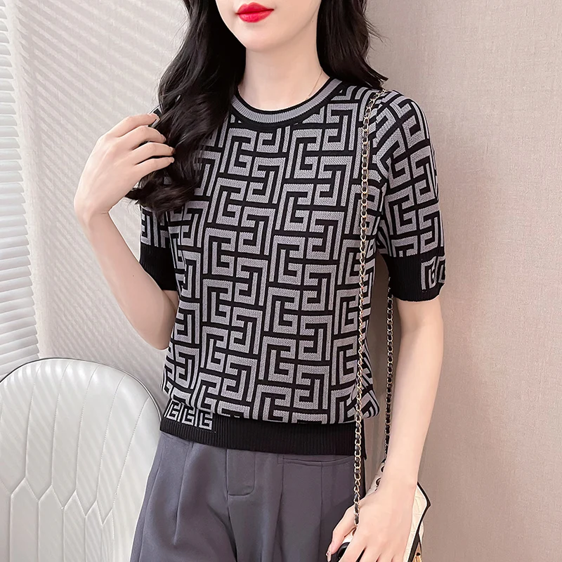 2024 New Fashion Contrast Jacquard Plaid Women Tops Short Sleeve Knitted TShirts Loose Retro Office Ladies Clothes ropa de mujer