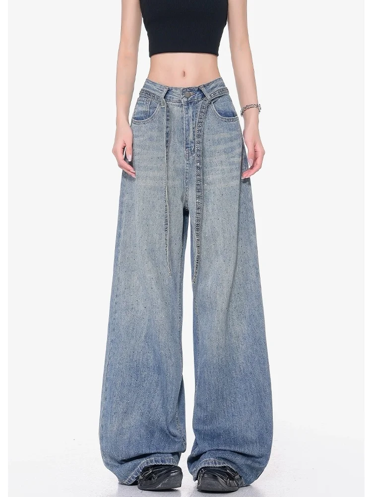 

2025 Ropa Y2K Fashion Washed Blue Hot Fix Rhinestone Baggy Stacked Jeans Pants For Women Clothing Casual New Lady Denim Trousers