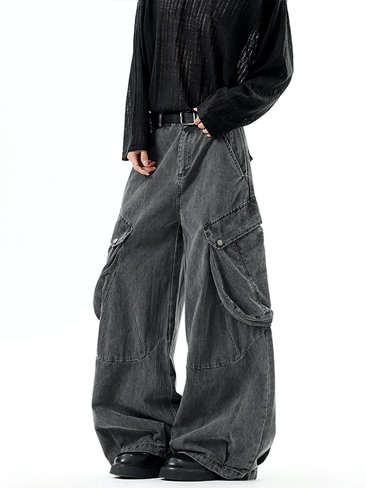 Vintage Distressed Wide Leg Knife  Jeans Men's Washed Loose Fit Workwear Floor Length Trousers Youthful Style Straight Cut