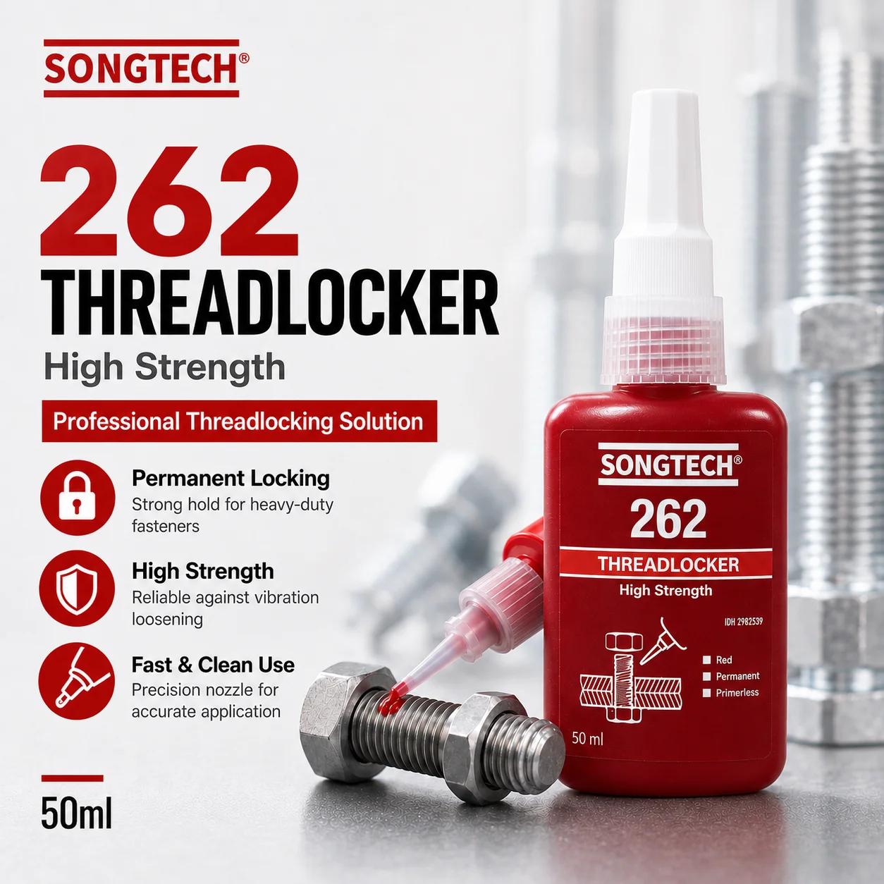 Adhesivo Fijador de Roscas Rojo de Alta Resistencia SongTech Loctite 262 al por Mayor, Adhesivo Permanente para Pernos y Tuercas Metálicas Antivibración