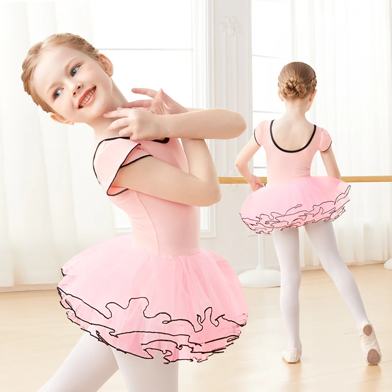 Maillot de Ballet Rosa para Niñas con Tutú, Manga Corta, Body de Danza para Niñas Pequeñas, Ropa de Bailarina de Algodón