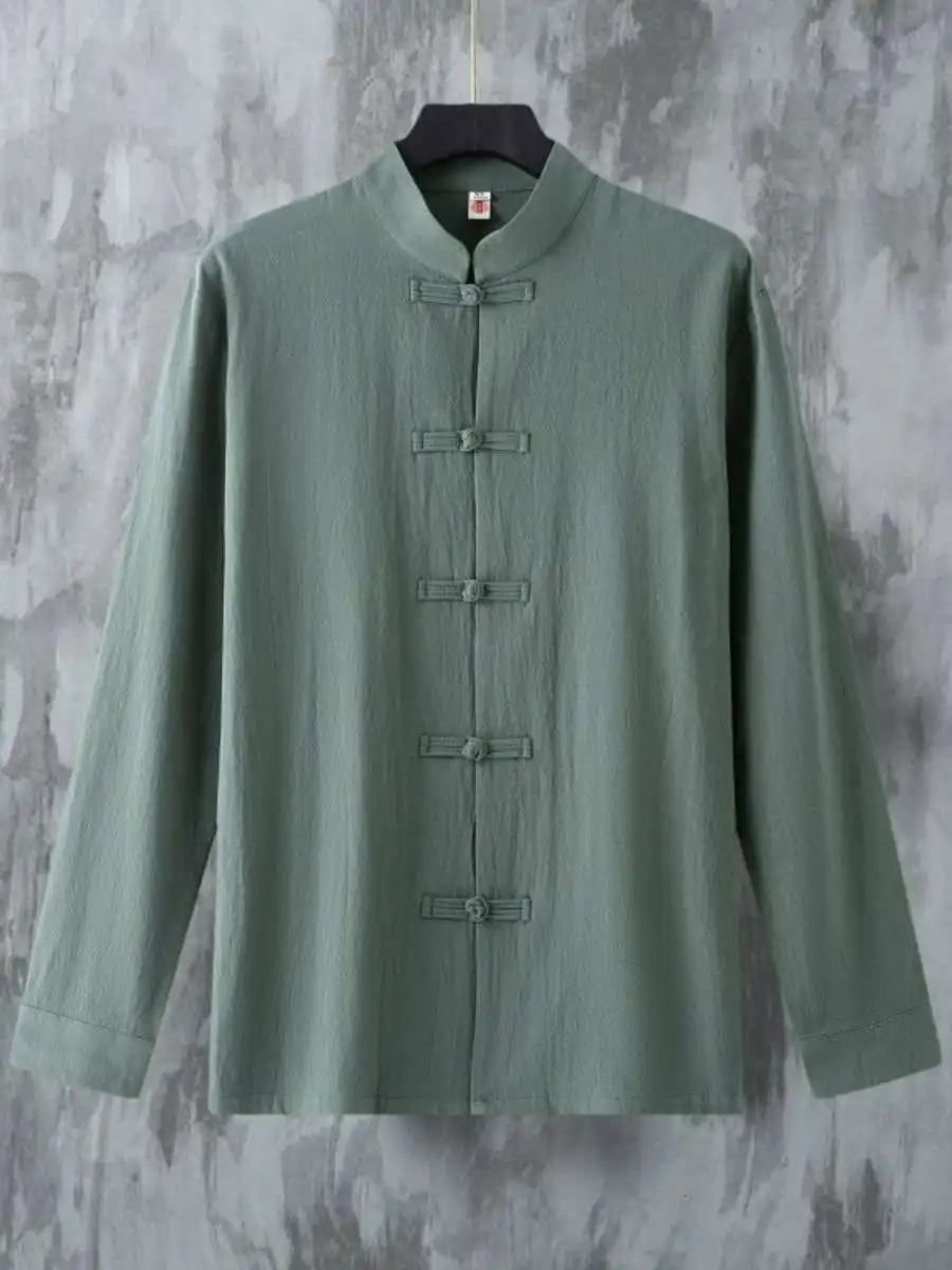 

Мужская рубашка с воротником-стойкой на пуговицах, однотонная, в стиле ретро, китайский стиль, длинный рукав, свободный крой, для повседневной носки, модная, повседневная...