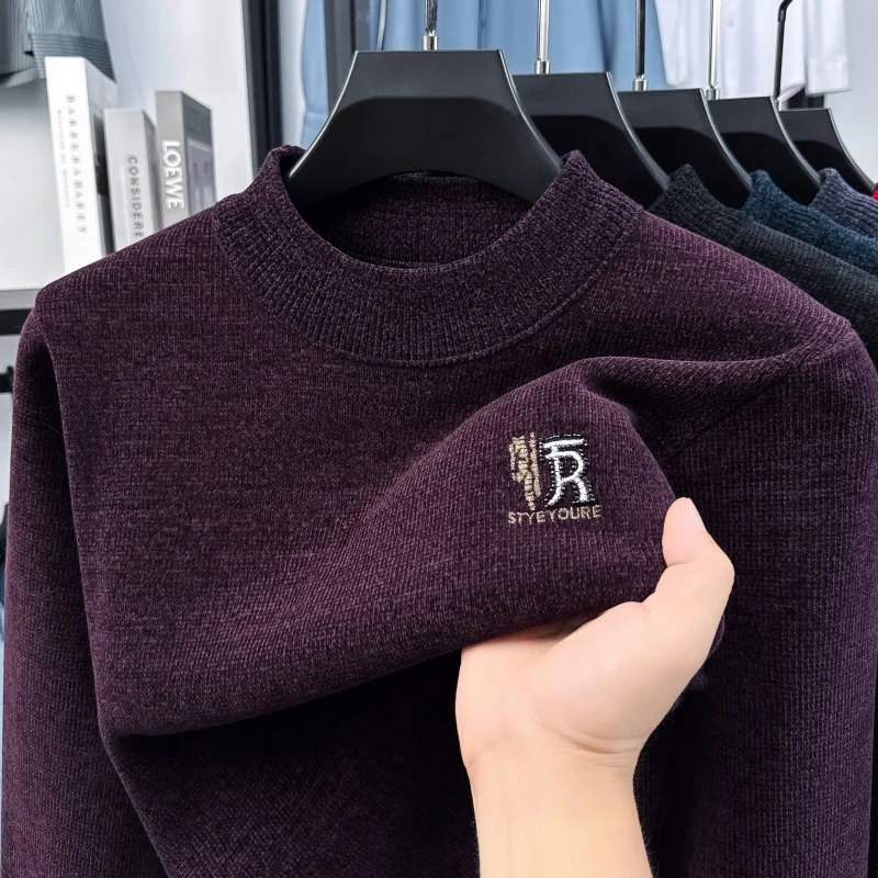 

Quality Man Long-Sleeved Knitwear Round Neck Fleece-Lined Thickened Rhinestone Embroidery Spring New Sweater Trend Mens Clothing