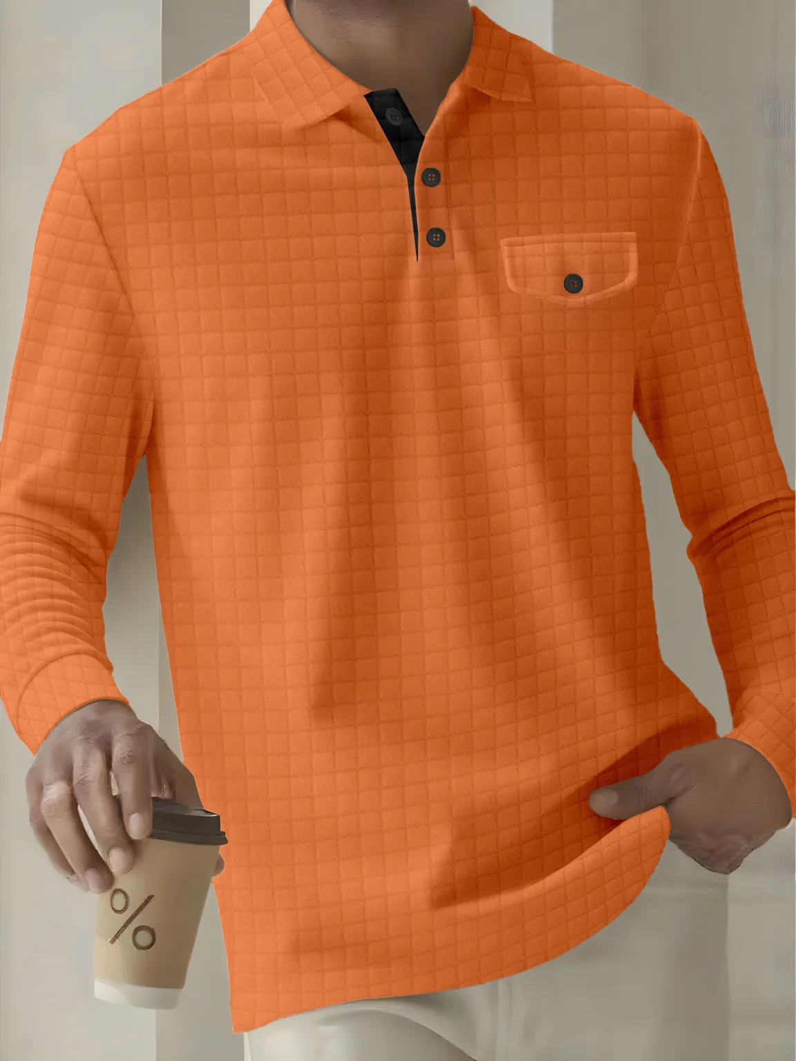 Men's polo shirt with fashionable checkered pockets, buttoned collar, solid color, for casual sports wear, long sleeves