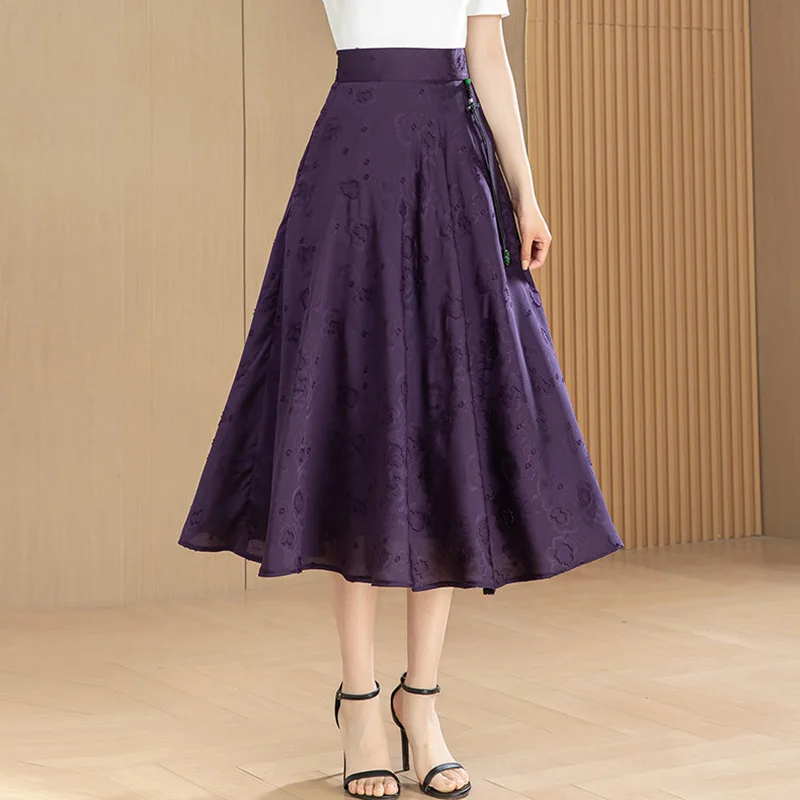 

New Women Chinese Style Jacquard Skirt Summer Fashion High Waist A-Line Mid-Calf Skirt Elegant Daily Gentle Skirt Female