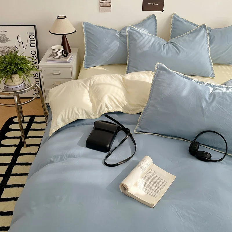 Simple Washed Cotton Bed Linen Bedding Set Four Piece Flat/Fitted Bed Sheet Set Comforter Set Full Double Couple Bed Quilt Cove