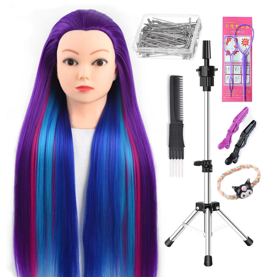 Голова манекена, 100% синтетические волосы, парикмахерская, тренировочная голова со штативом, манекен, косметологическая кукла, голова для плетения, укладки