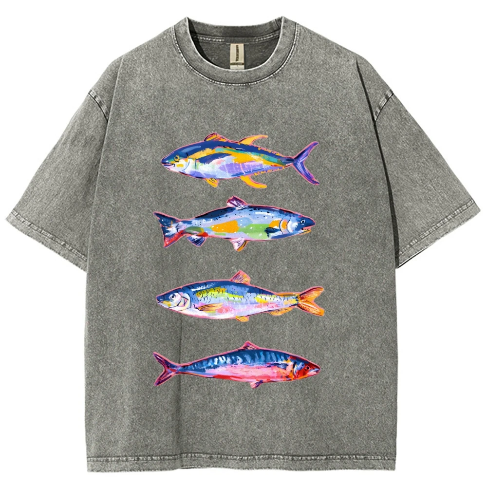 Hand-Painted Fish Elements, Women's T-Shirt, Y2k Graphic Tee, Hand-Painted Bunny Art,Korean Style Summer Top, Oversized Fit 2025
