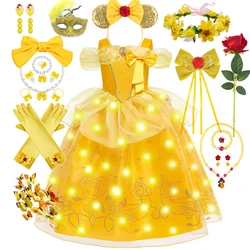 Girl Princess Dress Up Belle Sleeveless Floral Children Party LED Flashing Costume Kids Beauty Beast Halloween Carnival Outfits