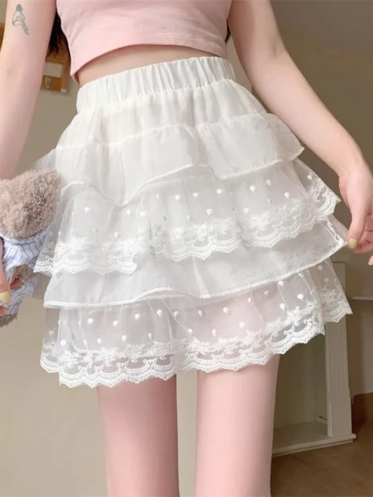 Fashion Japan Cake Skirts Women Sweet High Waist Mini Skirt Vintage Casual Preppy Style Lace Patchwork Elegant Skirts for Women