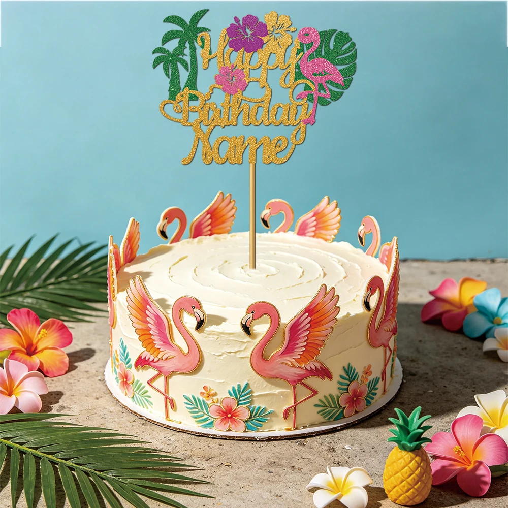 Personalisierter Glitzer-Flamingo-Kuchenaufsatz mit individuellem Namen für die Sommer-Flamingo-Geburtstagsfeier, Kuchendekoration