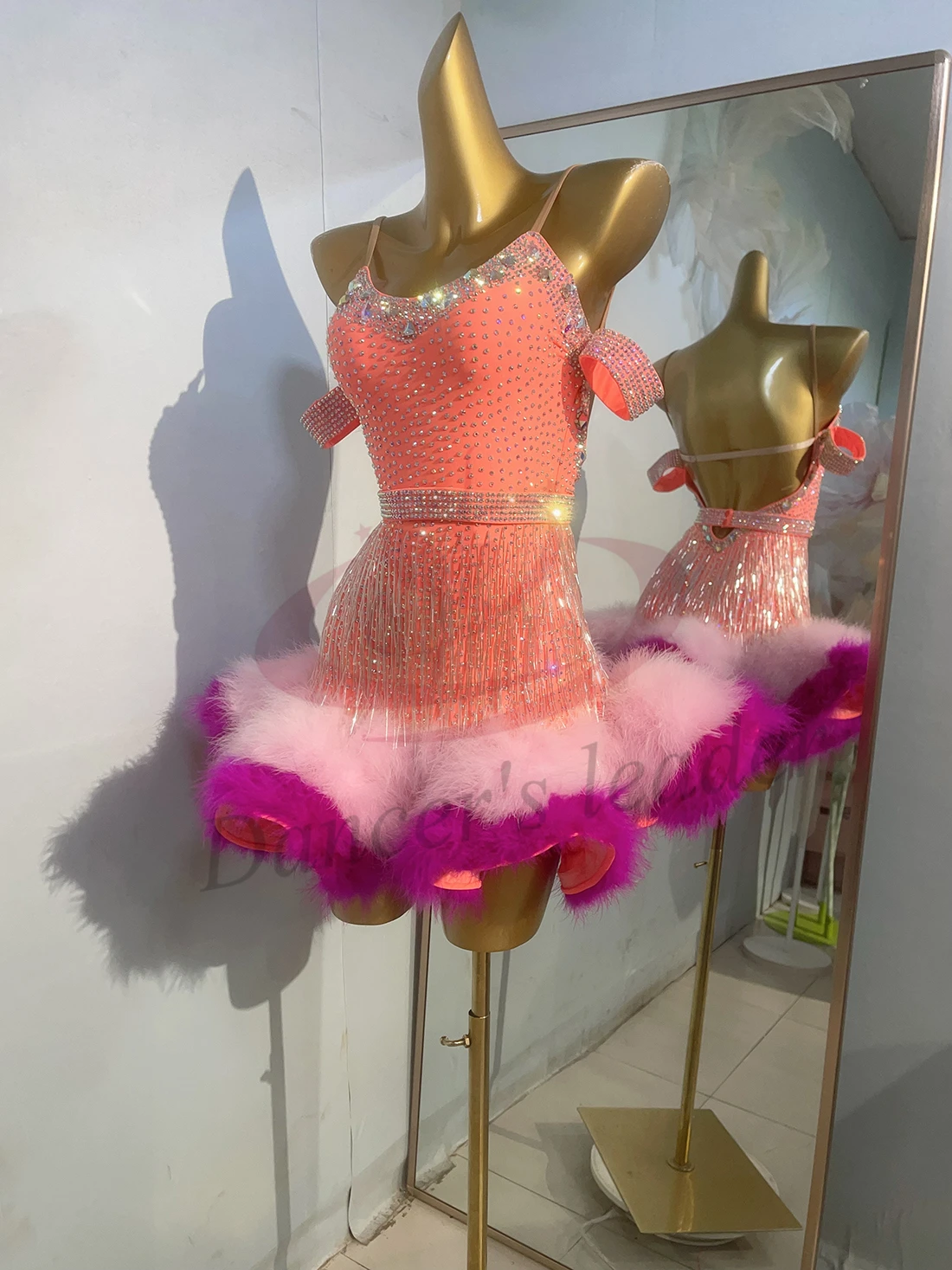 Latin Dance Costume, Rhinestone Women's Clothing, High-end Customized Two-color Plush Skirt, Samba Performance Dress