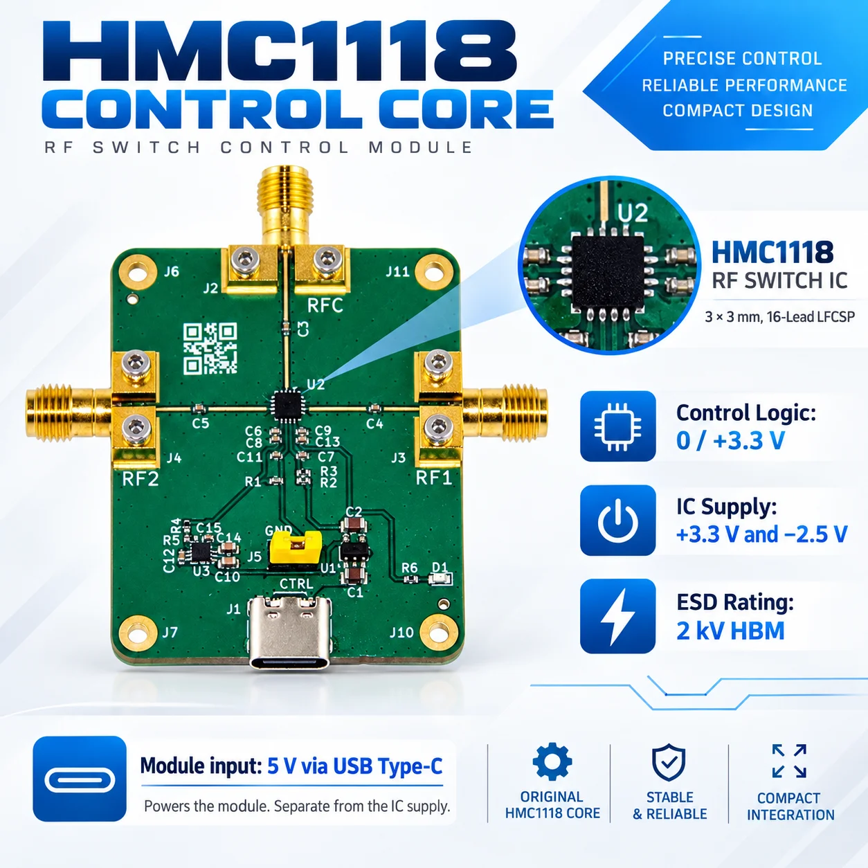 HTOOL 1118 Wideband Nonreflective SPDT RF Switch Module, 9 kHz to 13.0 GHz, 50 Ohm, High Isolation, USB Type C Powered