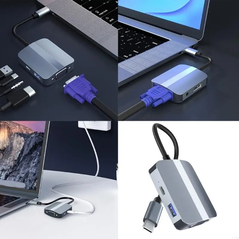 Адаптер USB C 5 в 1 Многофункциональный адаптер HDTV 3,5 мм VGA USB3.0 для передачи данных F19E