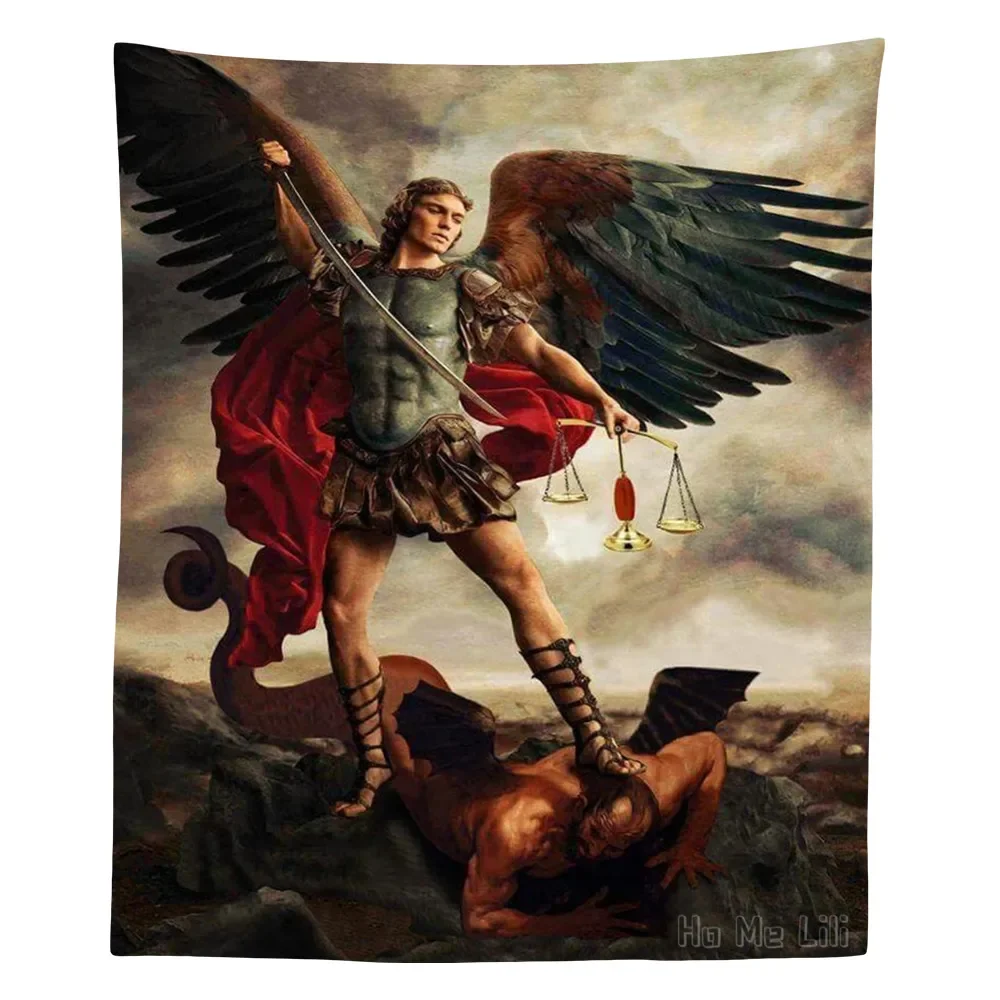 Religious The Archangel Michael Defeating Demon Painting By Ho Me Lili Tapestry For Bed Room Home Decor