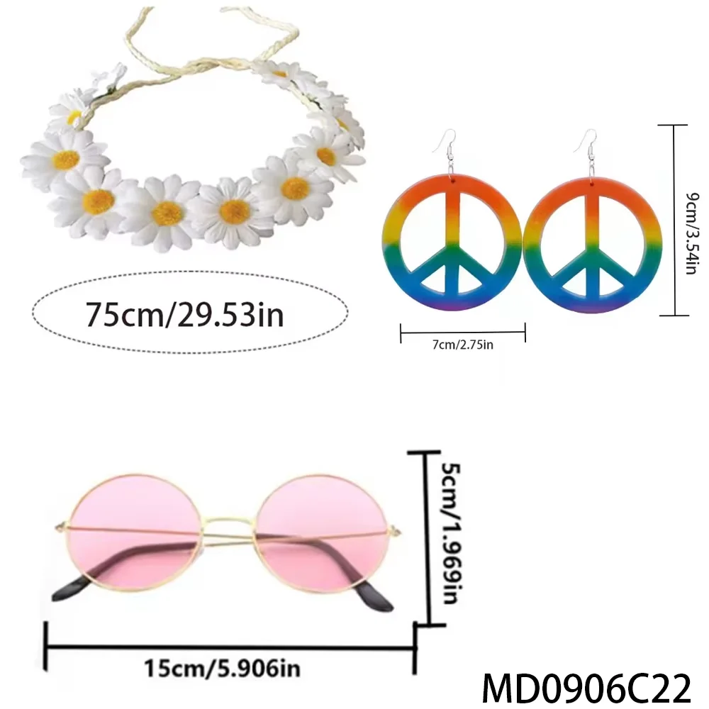 PESENAR jaren 1960 retro 3-delige set: bloem choker, vredesteken sieraden en ronde roze zonnebril voor themafeesten uit de jaren 60