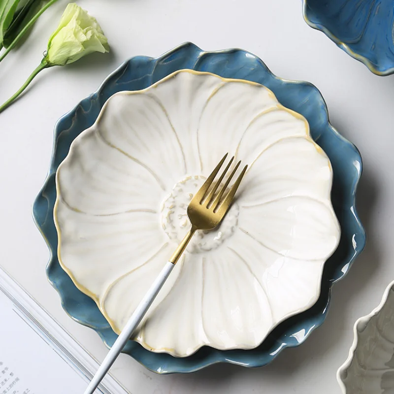 Japanese-style Lotus-shaped Tableware Plate Household Ceramic Salad Bowl Noodle Dish Western Food