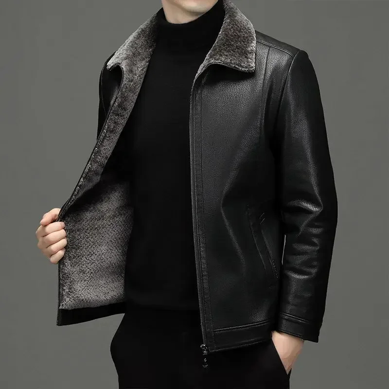 One Thick Leather Coat Clearance Business Winter New Leather Men's Lapel Cowhide Jacket Middle-aged and Elderly High-grade Fur