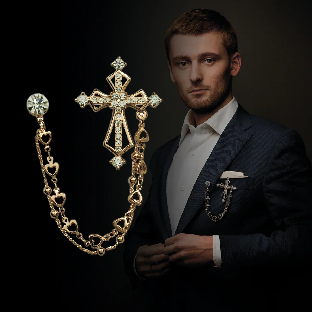 

High End British Style Vintage Crystal Cross Brooch Pin Double Chain Lapel Pins and Brooches Suit Badge Shirt Collar Accessories