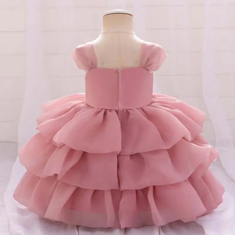 New Solid Color Flower Multi-Layer Mesh Dress for Girls Birthday Cake Dress Wedding Flower Girl Christmas Sweet and Cute Dress