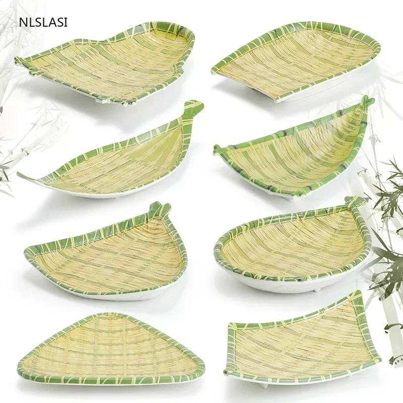 Plastic Imitation amboo woven Irregular Plate Snack Sushi Steak Plates Food Dessert Dinner Breakfast Fruit Tea Tray Tableware