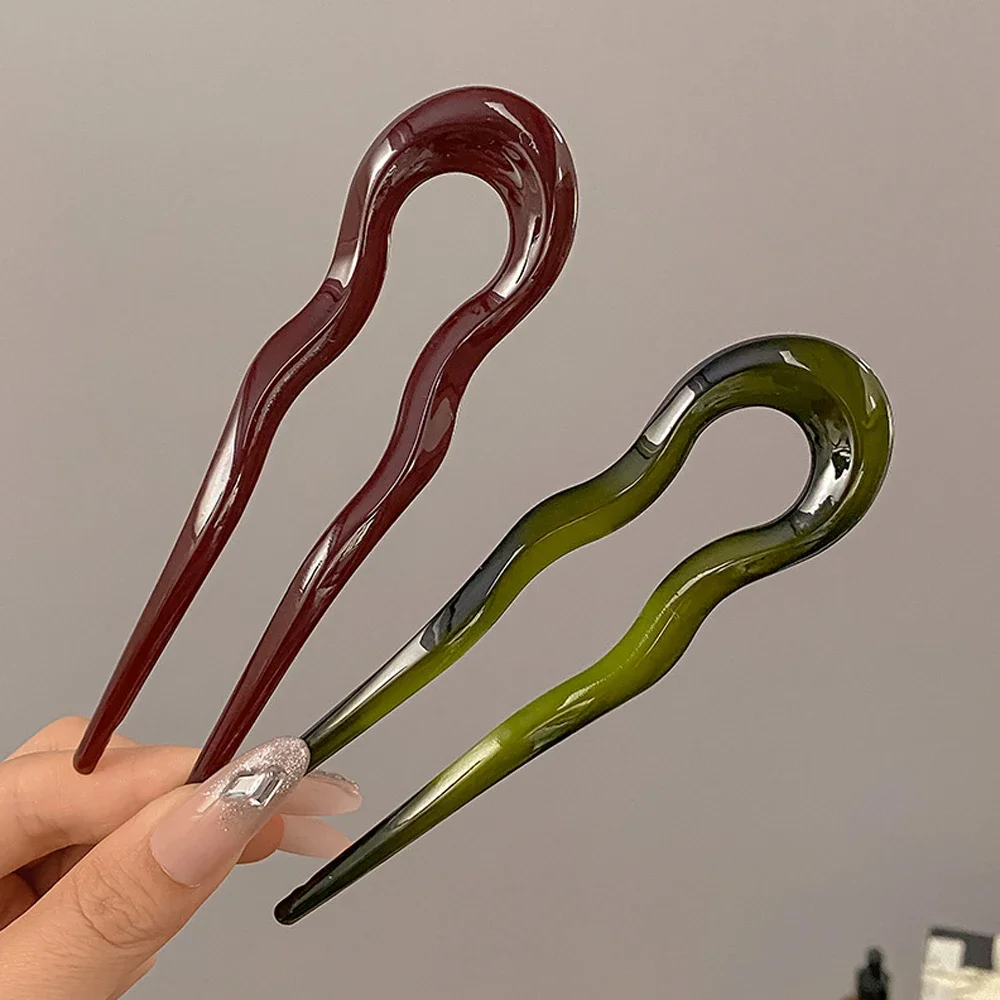 French Styles Wavy U Shaped Hairpins 2 Prong Resin Hair Forks For Buns Chignons Women Girls Party Hairstyle Accessories - 5