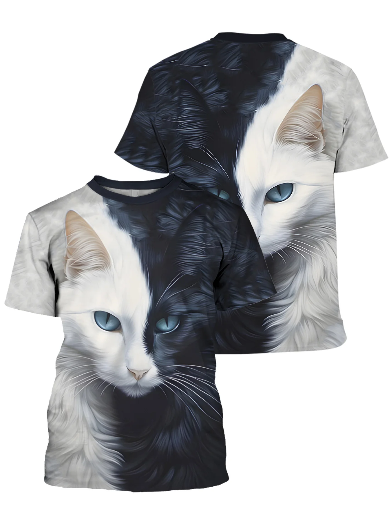 Children Crew Neck Tee Vivid Split Black White Cat Portrait Blue Eyes 3D Animal Print Boys Girls Summer Short Sleeve Top