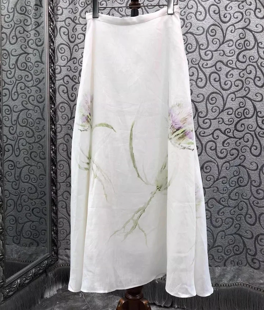 

100%Linen Long Skirts 2026 Summer Fashion Designer Clothes Lady Charming Floral Print High Waist Long Maxi Party Club Skirts
