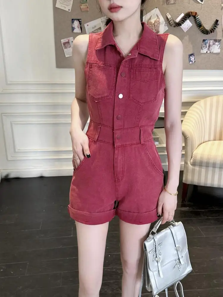 夏レッドデニムハイウエストシングルブレストショーツジャンプスーツ女性カジュアルノースリーブオフショルダーショートパンツロンパースストリート