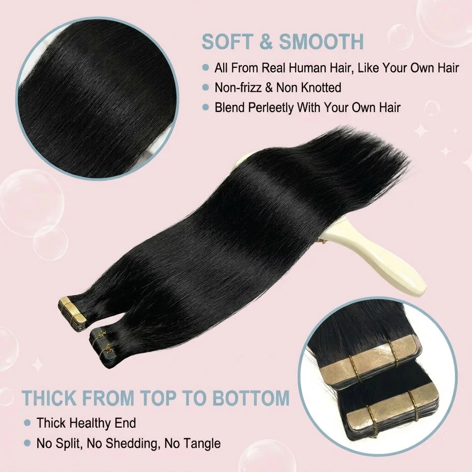 Cinta de extensión de cabello humano 100% adhesiva, color negro natural, 21 piezas, sin costuras, reemplazable, para mujeres 5