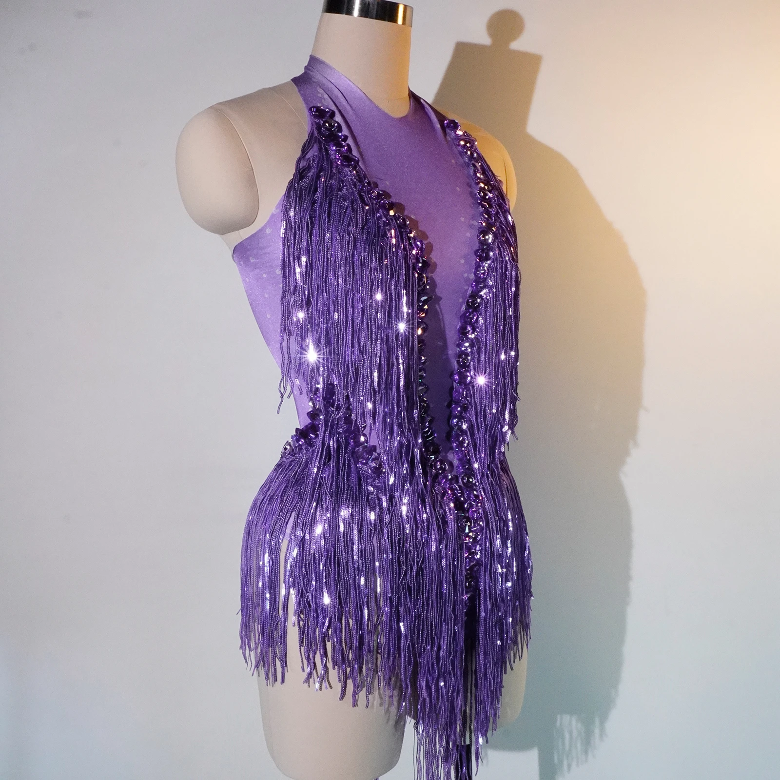 sparkle rhinestones bodysuit purple fringes leotard pole dance perspectivity party nightclub birthday stage drag queen costumes