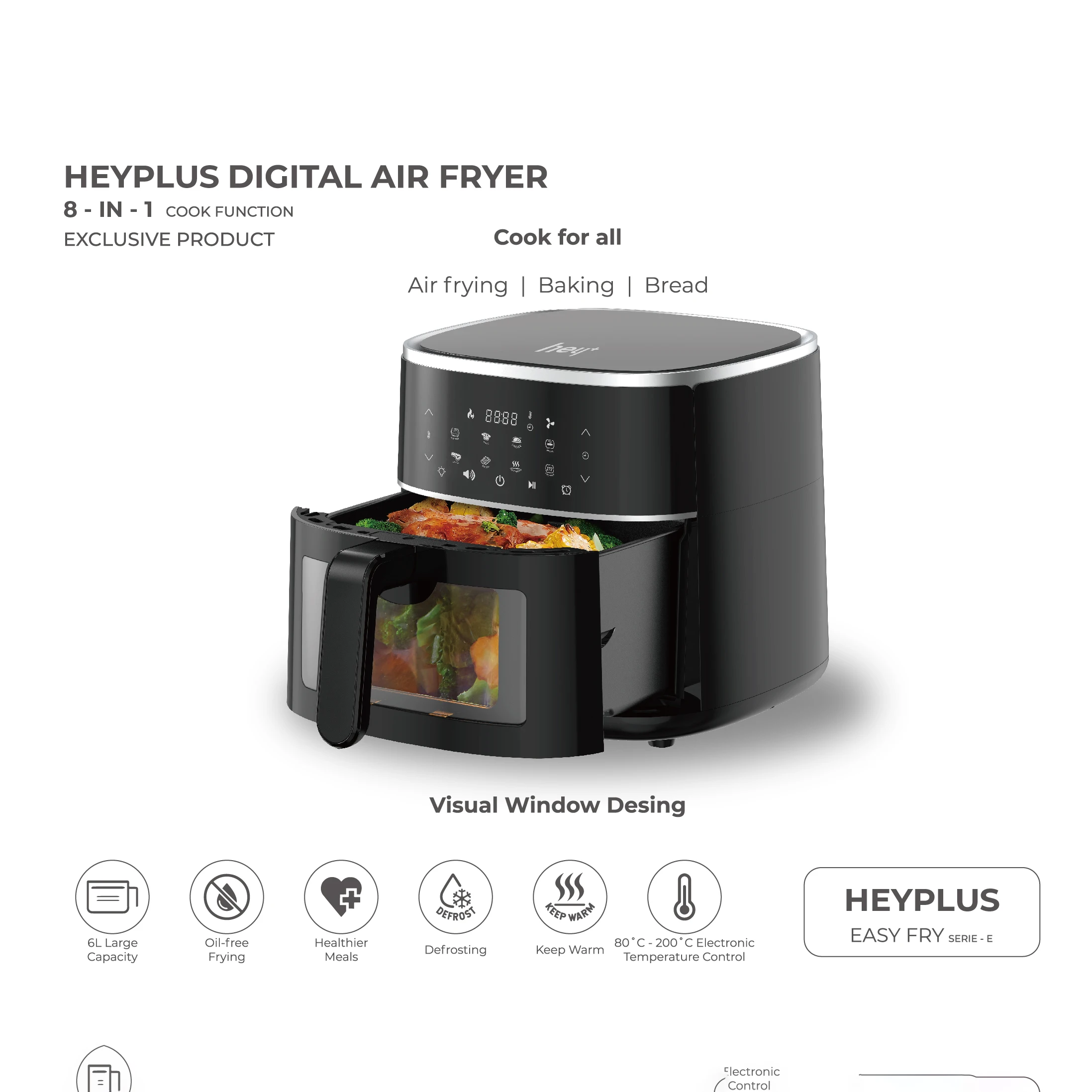 Xiaomi Heyplus 6L Air Fryer Without Oil Hot Air Electric Fryer with Viewable Window & Touch Screen Home Square Deep Fryer