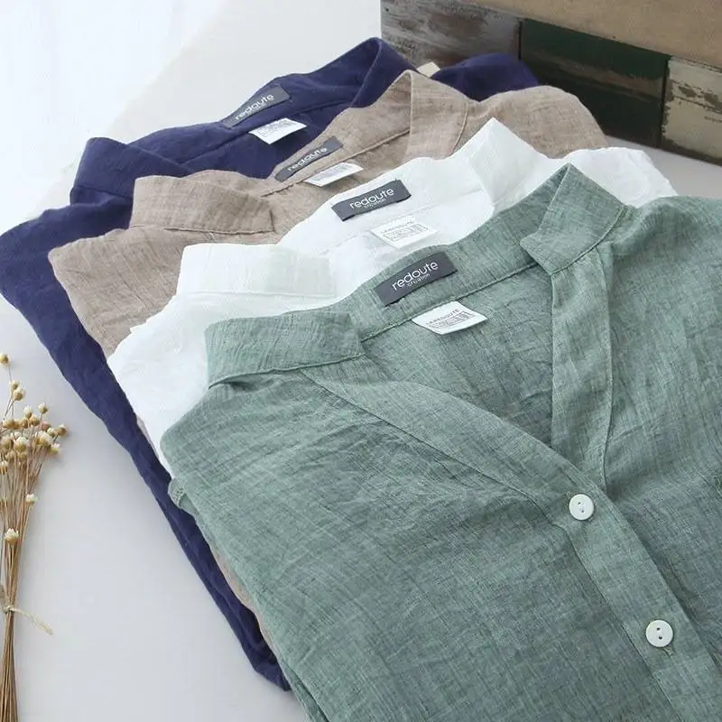 

Women's Japanese Style Sun-Protective Linen Shirt Loose 3/4 Sleeve Stand-Up Collar Fresh And Comfortable Linen Blend