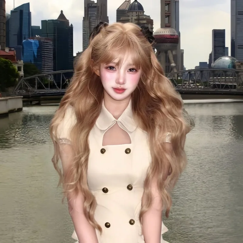 Champagne Golden Brown Long  Curly Synthetic Wig for Women Bangs Heat Resistant Full Head Wig Natural Looking Daily Party Wear