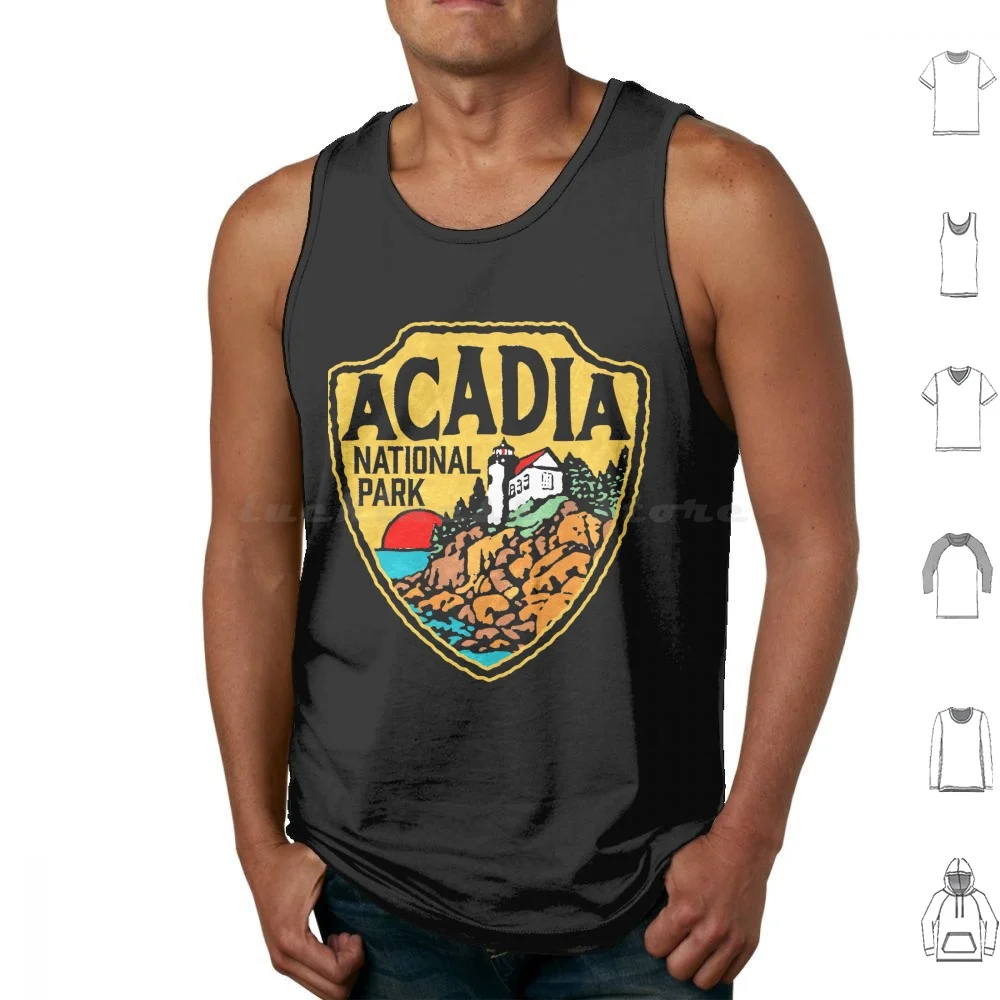 Acadia National Park Vintage Style Badge W Maine Coast & Lighthouse Tank Tops Print Cotton Christmas Funny Cute Birthday