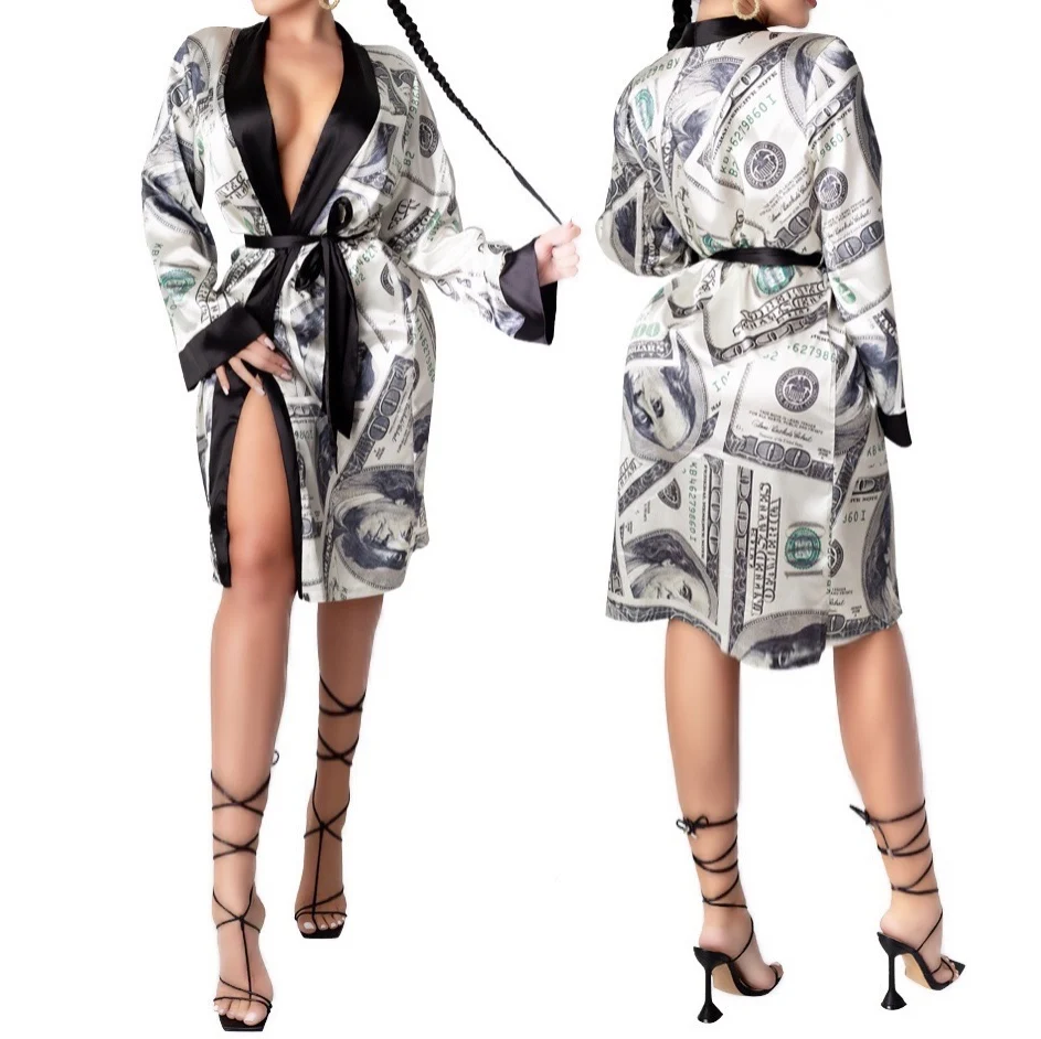 Dance performance clothes printed in USA dollars Robe Bathrobe Silk Robes Sexy Nightwear Robes Satin Robe Ladies Dressing Gowns