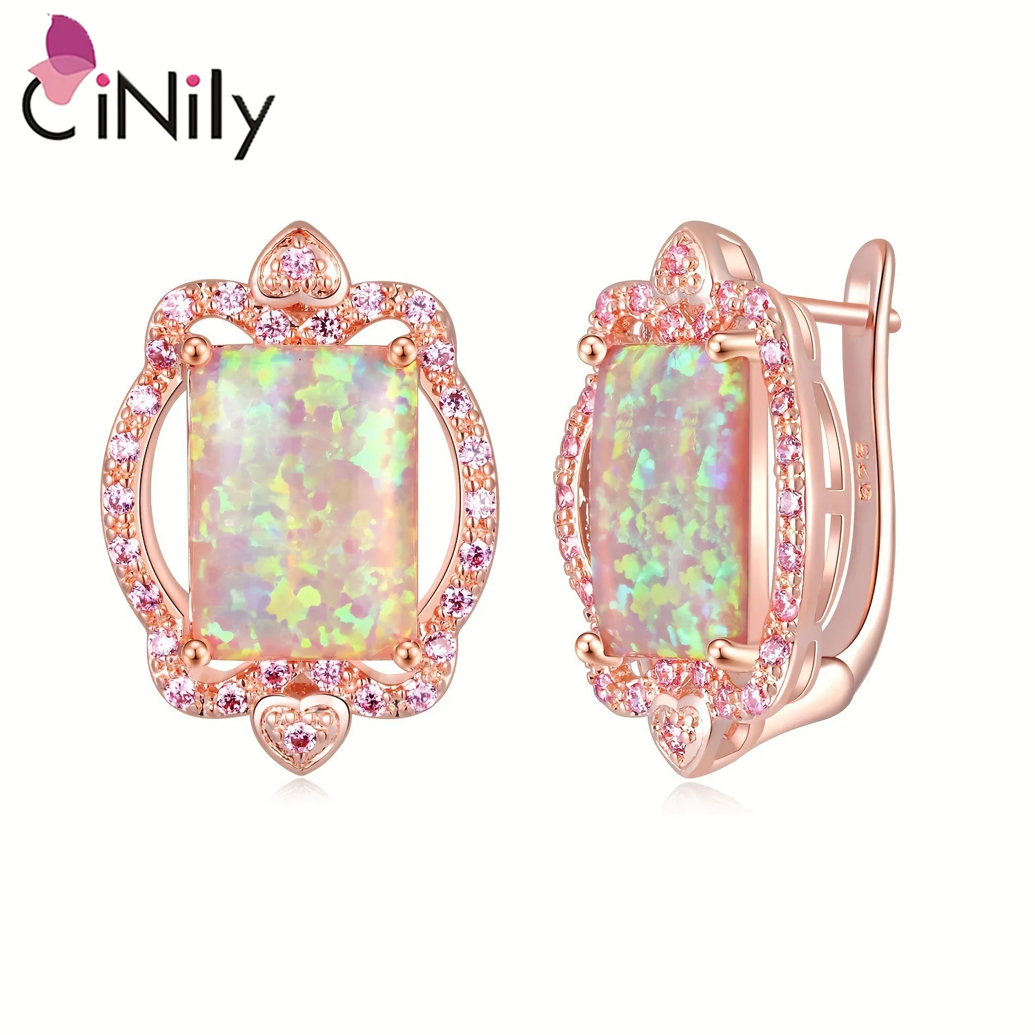 CiNily Delicate Rectangle Opal Hoop Earrings for Women Rose Gold Plated Heart Shaped Earring with Cubic Zirconia Jewelry Gifts