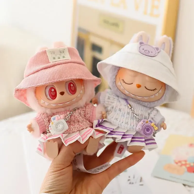 Mini Doll'S Clothes Outfit Accessories For 15-17cm Labubu Idol Knitted sweater JK pleated skirt camera shoes set Clothing Gift