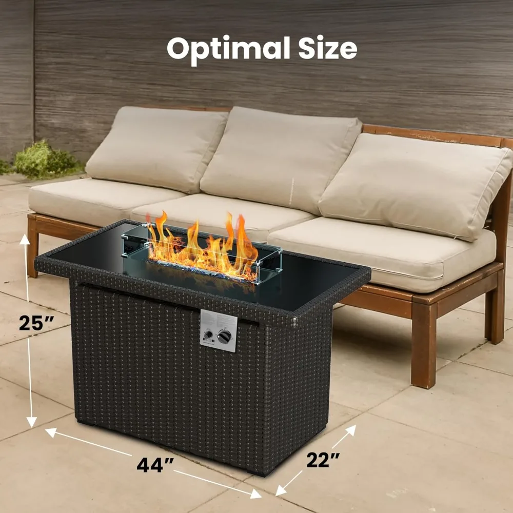 Fire Pit Table for Patio, Brown Wicker, 50,000 BTU, Wind Guard, and Glass Rocks, Sturdy & Easy To Use, Fire Pits, 44