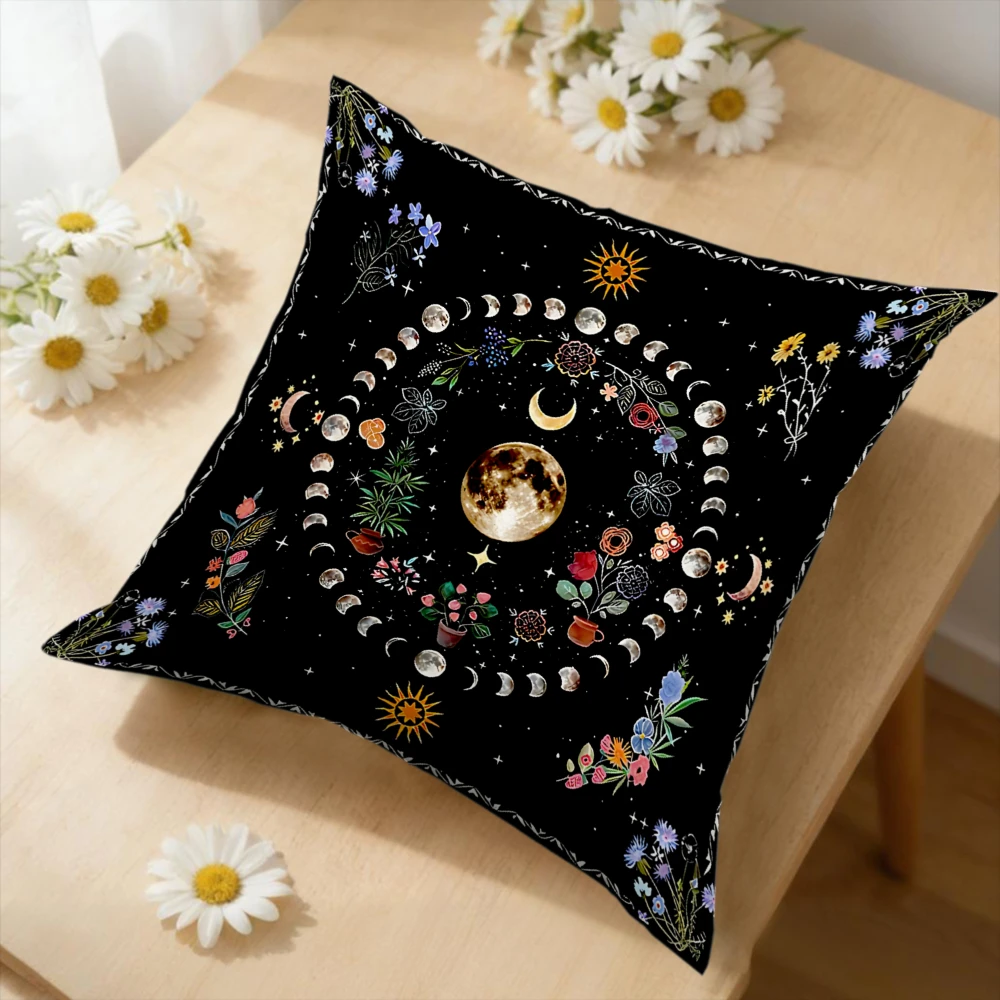 1Pc Bohemian Black Moon Phase Floral Print Cushion Cover Soft Breathable Fabric for Sofa Bed Home Decor