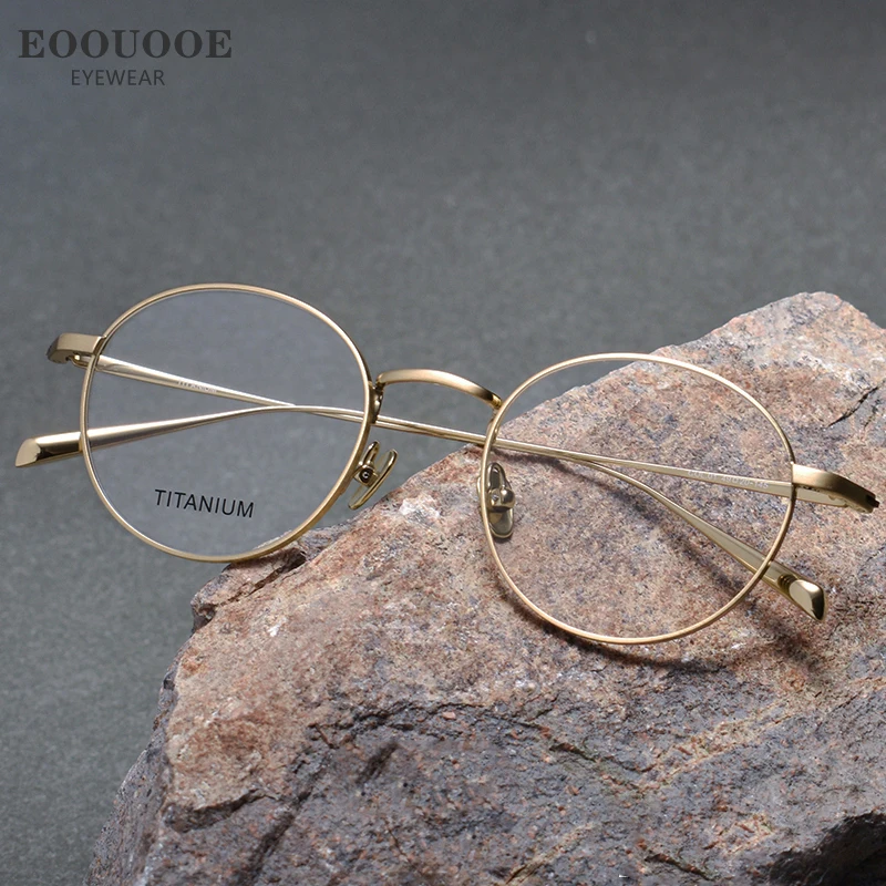 EOOUOOE Fashion Women Men Pure Titanium Eyeglass Retro Round Glasses Frame Optics Myopia Hyperopia Prescription Lenses Gold Gun