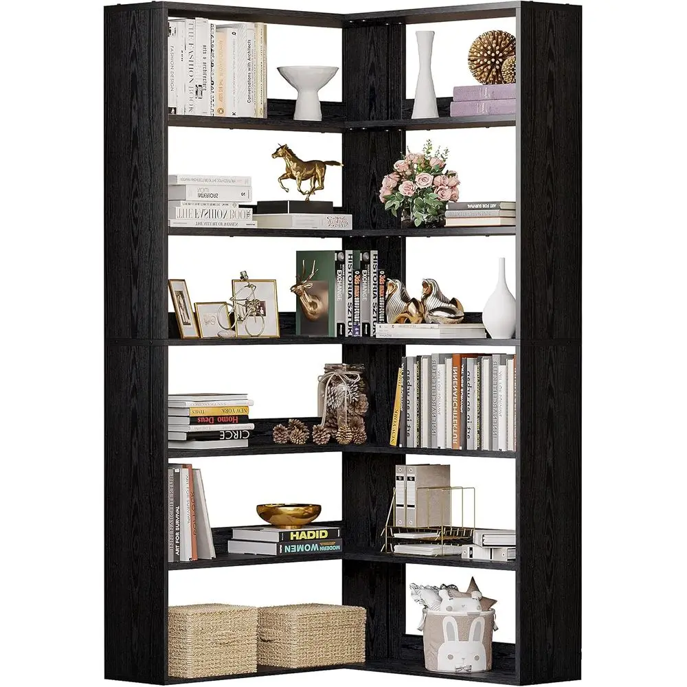 

Large Industrial-Style 6-Shelf Corner Bookcase with Dividers for Home and Office Storage and Display