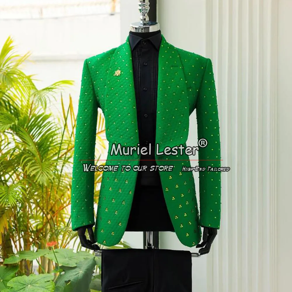 Man Designer Green Suit With Black Soild Pants 2 Pieces Wedding Groom Tuxedos Custom Made Shawl Lapel Prom Blazer Dinner Dress