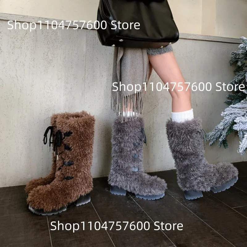 Women's Faux Fur Knee-High Boots Lace-Up Detail Design Lace-Up Warm Casual Round Toe Low Rubber Sole Ladies Daily Snow Botas