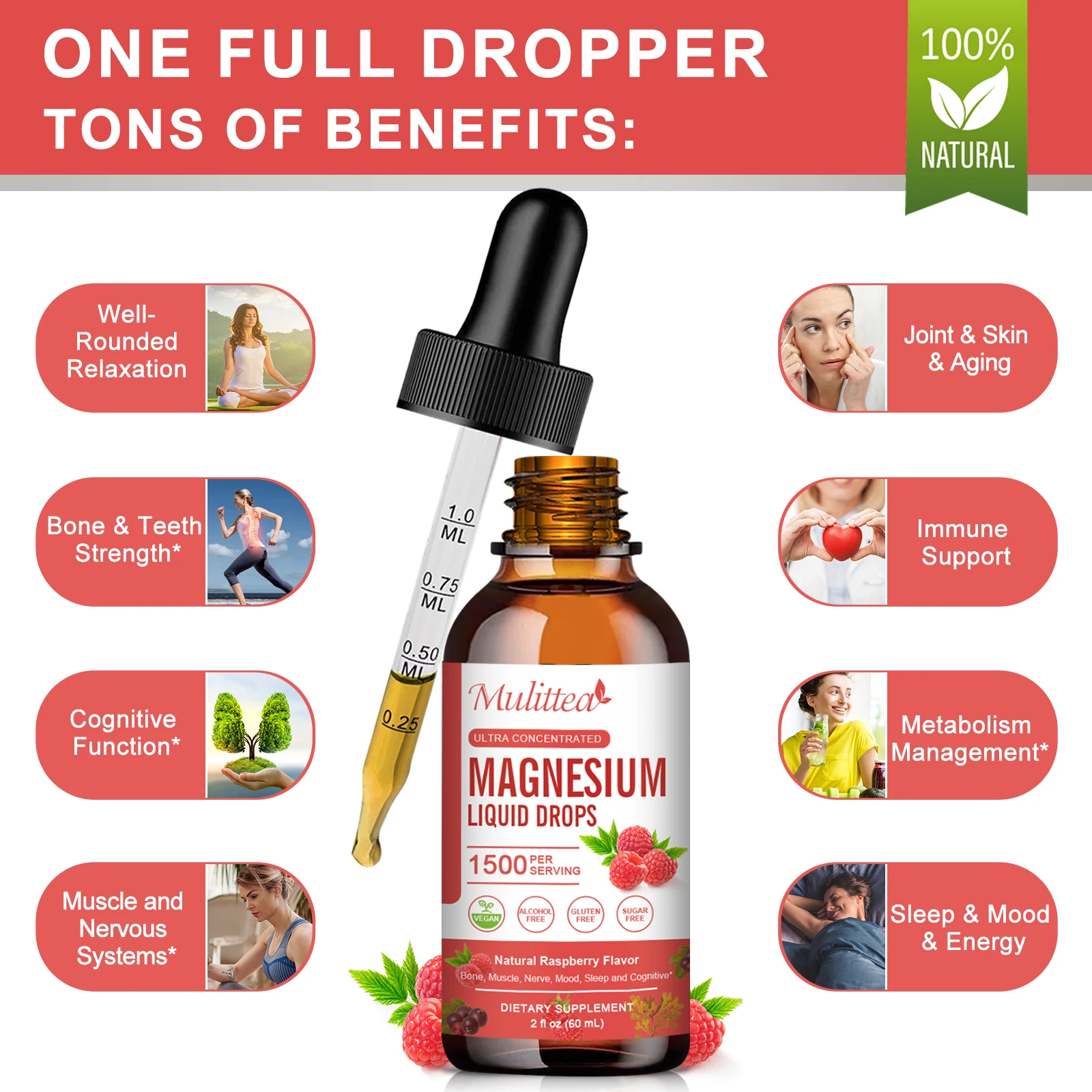 Mulittea Magnesium liquid drops - triple absorption supplement to support nerves, nighttime, heart, muscles