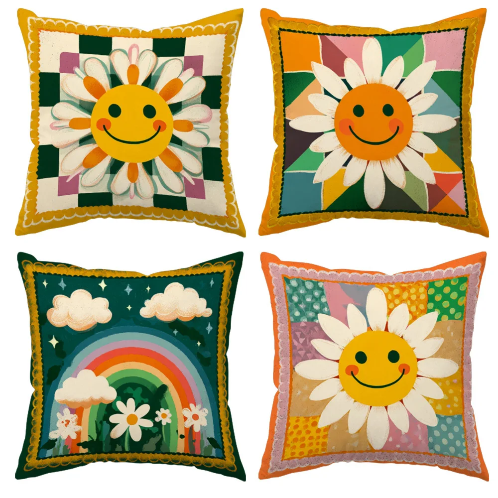 Retro Smiley Daisy Throw Pillow Covers, Vintage Patchwork Rainbow Print Cushion Cases, Boho Home Decor for Bedroom Living Room