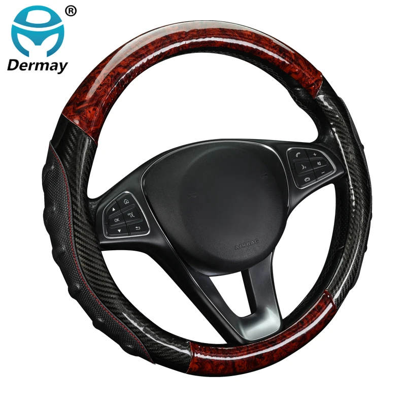 Large Size Steering Wheel Cover for Car Bus Truck 36cm 38cm 40cm 42cm 45cm 47cm 50cm Pu Leather New Faux Peach Wood Black/Red