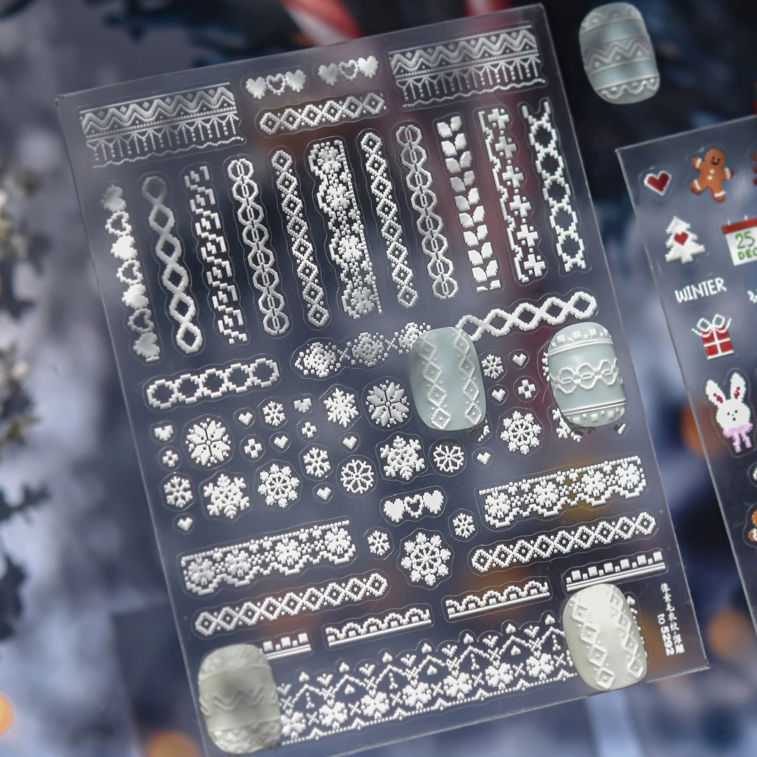 ピクセルセーターパターン雪の結晶ラブハートレース冬シックフラットホワイトスノー光沢シック繊細ネイルアートステッカーマニキュアデカール